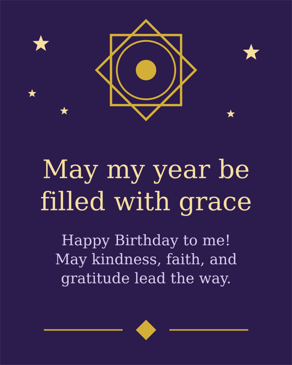 Royal purple and gold spiritual star emblem Happy Birthday card - May my year be filled with grace