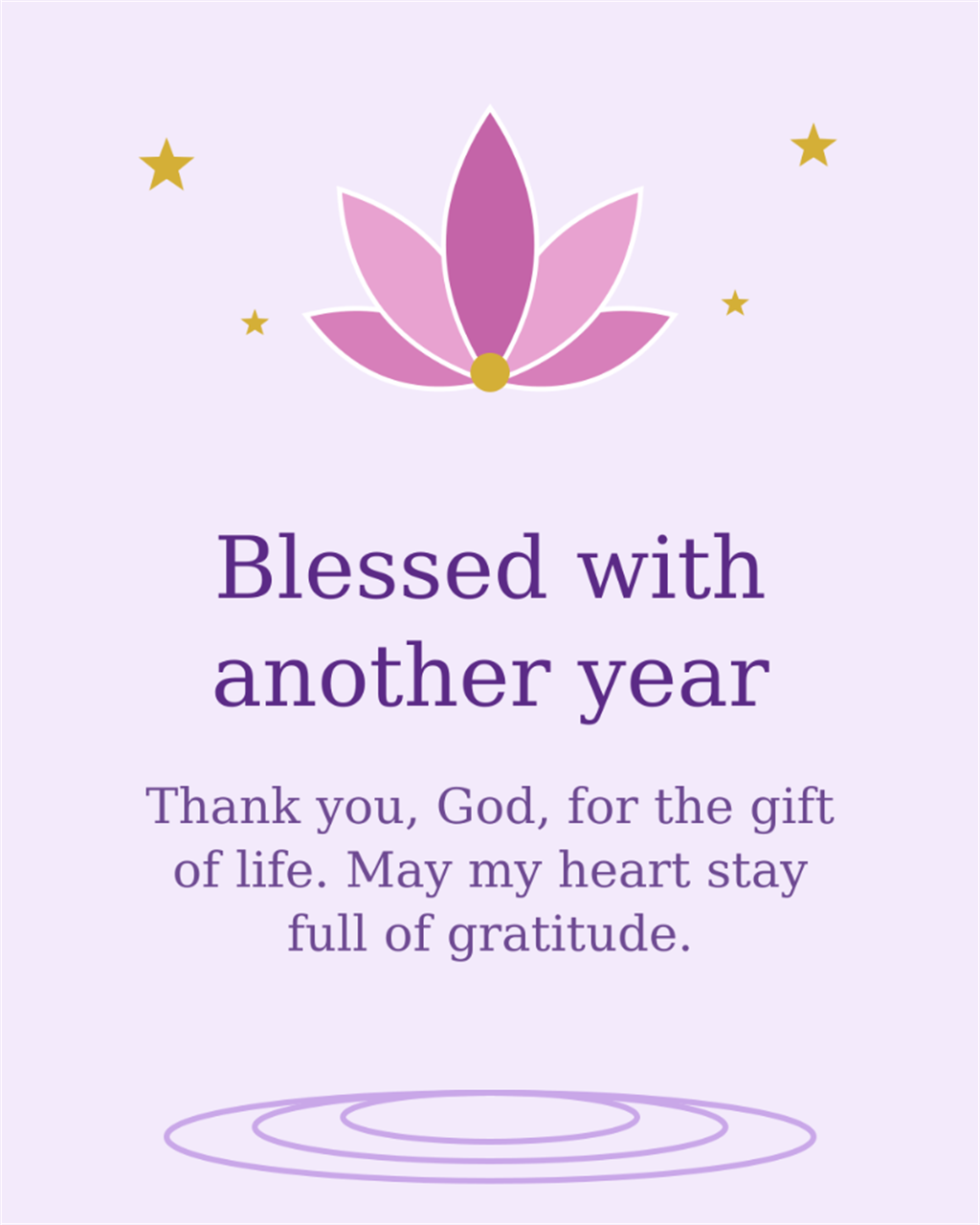 Lavender lotus bloom and serene water ripples Happy Birthday spiritual card - Blessed with another year