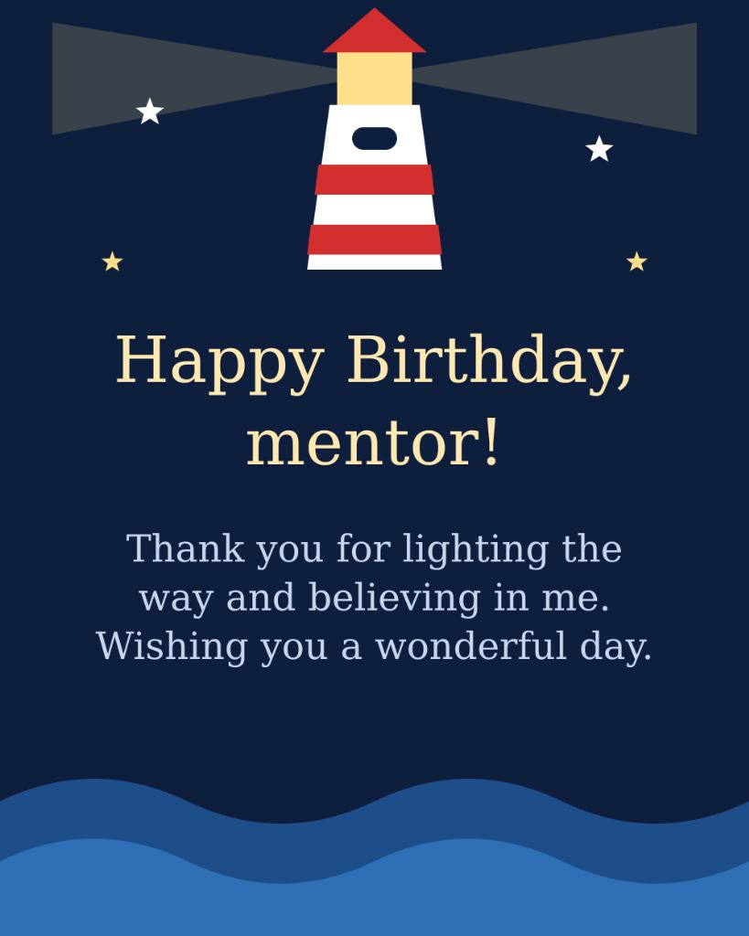 Thank you for lighting the way mentor birthday card with glowing lighthouse and starry ocean night
